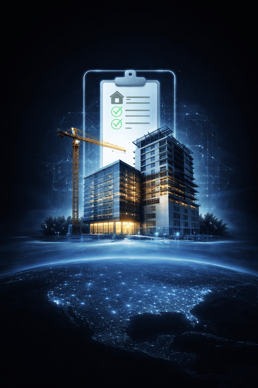 Illustration of a commercial construction site with a digital inspection checklist, representing commercial draw inspection workflows.