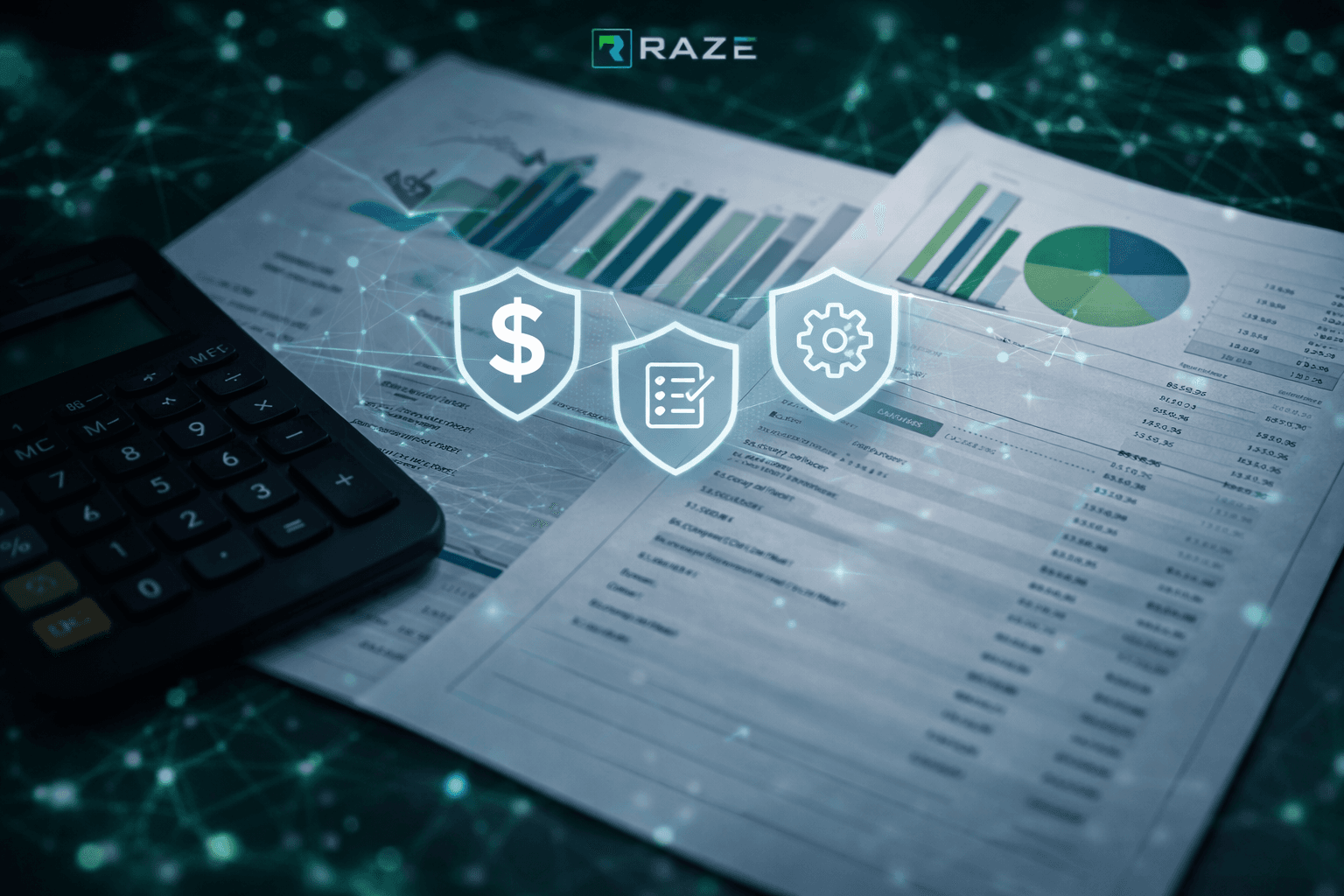 Financial documents and calculator with digital icons, representing inspection-aligned pricing and packaging for construction draw inspections.