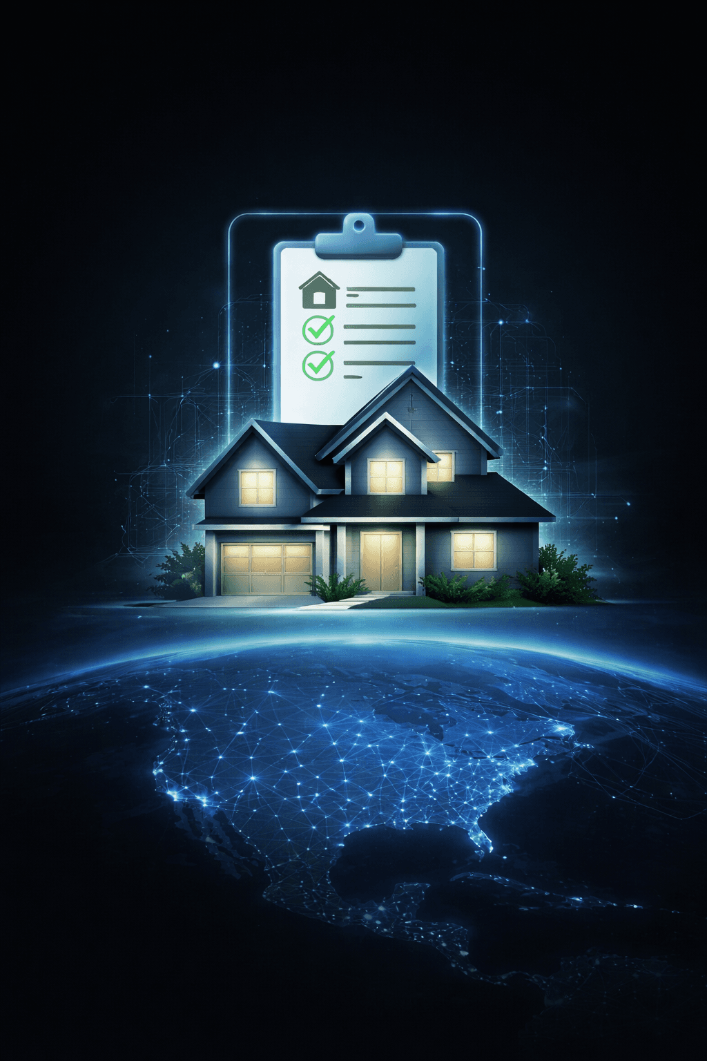 Illustration of a residential home with a digital inspection checklist, representing standardized residential construction draw inspections.