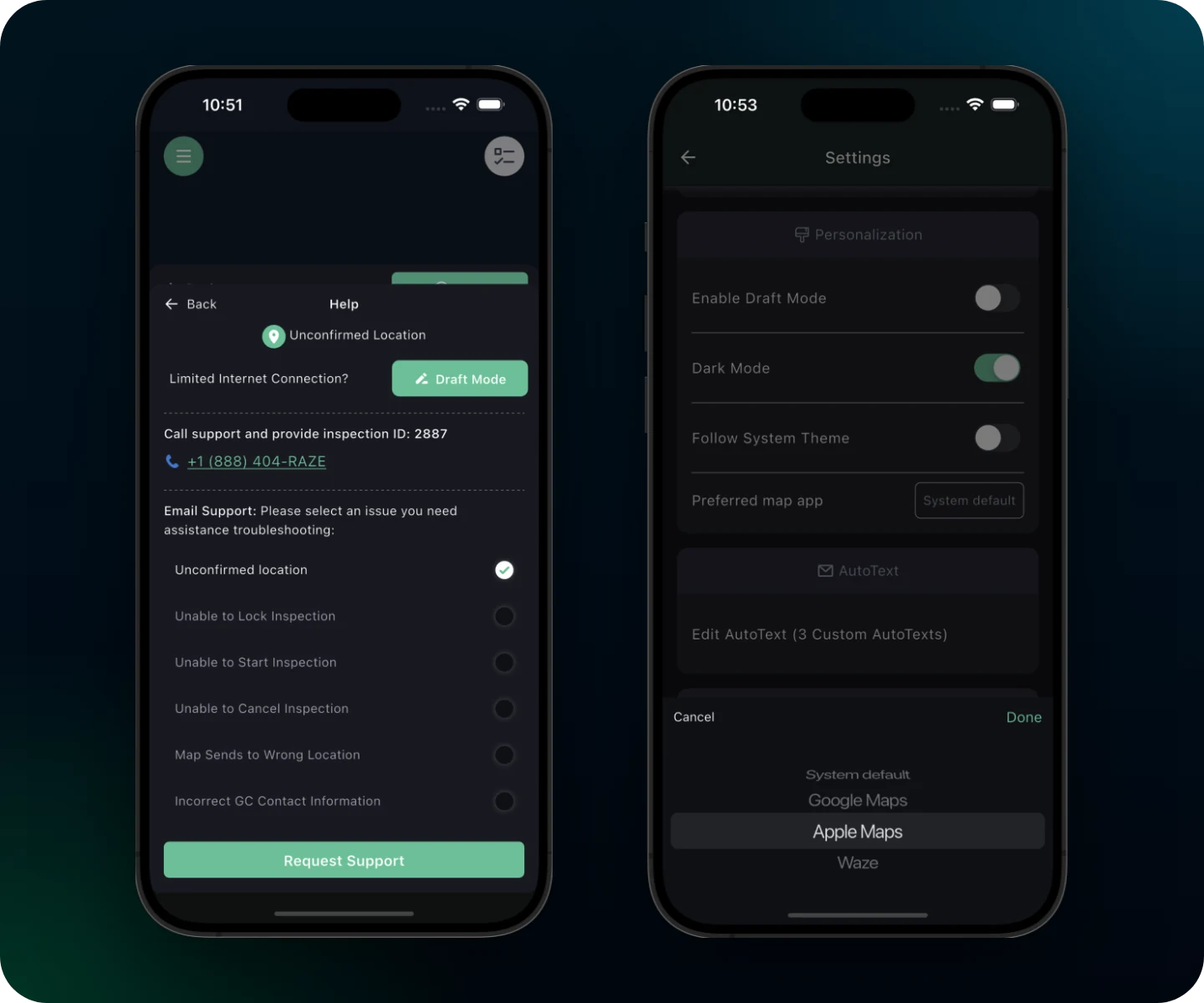 Two RAZE Mobile App screens: an inspection's Help panel with a Draft Mode button for a limited internet connection, and Settings with the Enable Draft Mode switch