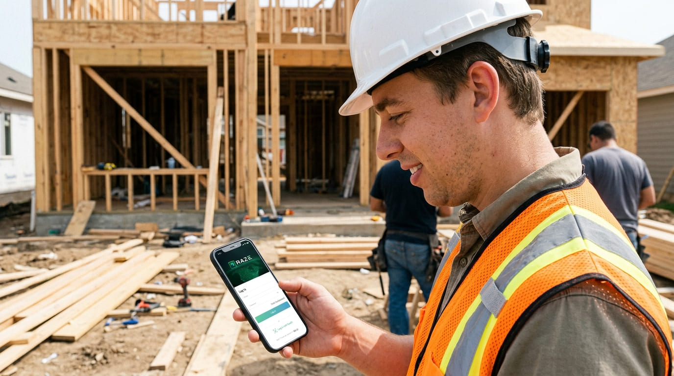 Inspector in a hard hat and safety vest using the RAZE Mobile App on a residential framing site