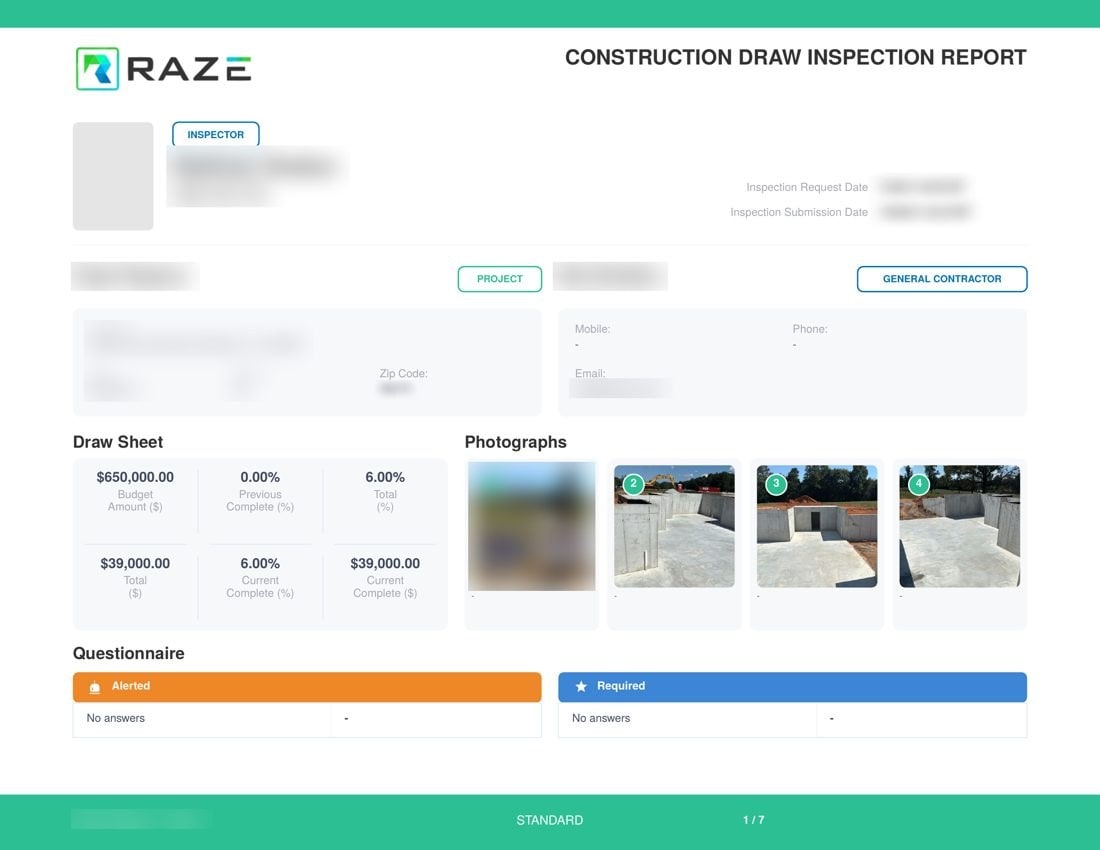 First page of a RAZE construction draw inspection report PDF, sample data