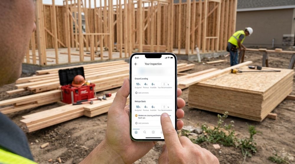Inspector on a framed jobsite using the RAZE Mobile App, with budget line items and percent complete on screen