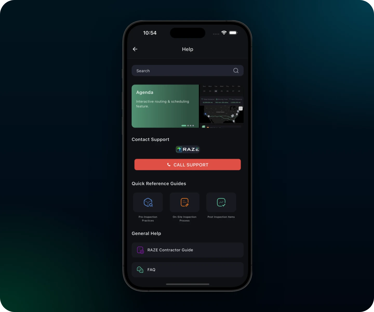 RAZE Mobile App Help menu with a Call Support button, quick reference guides, the RAZE Contractor Guide and FAQ