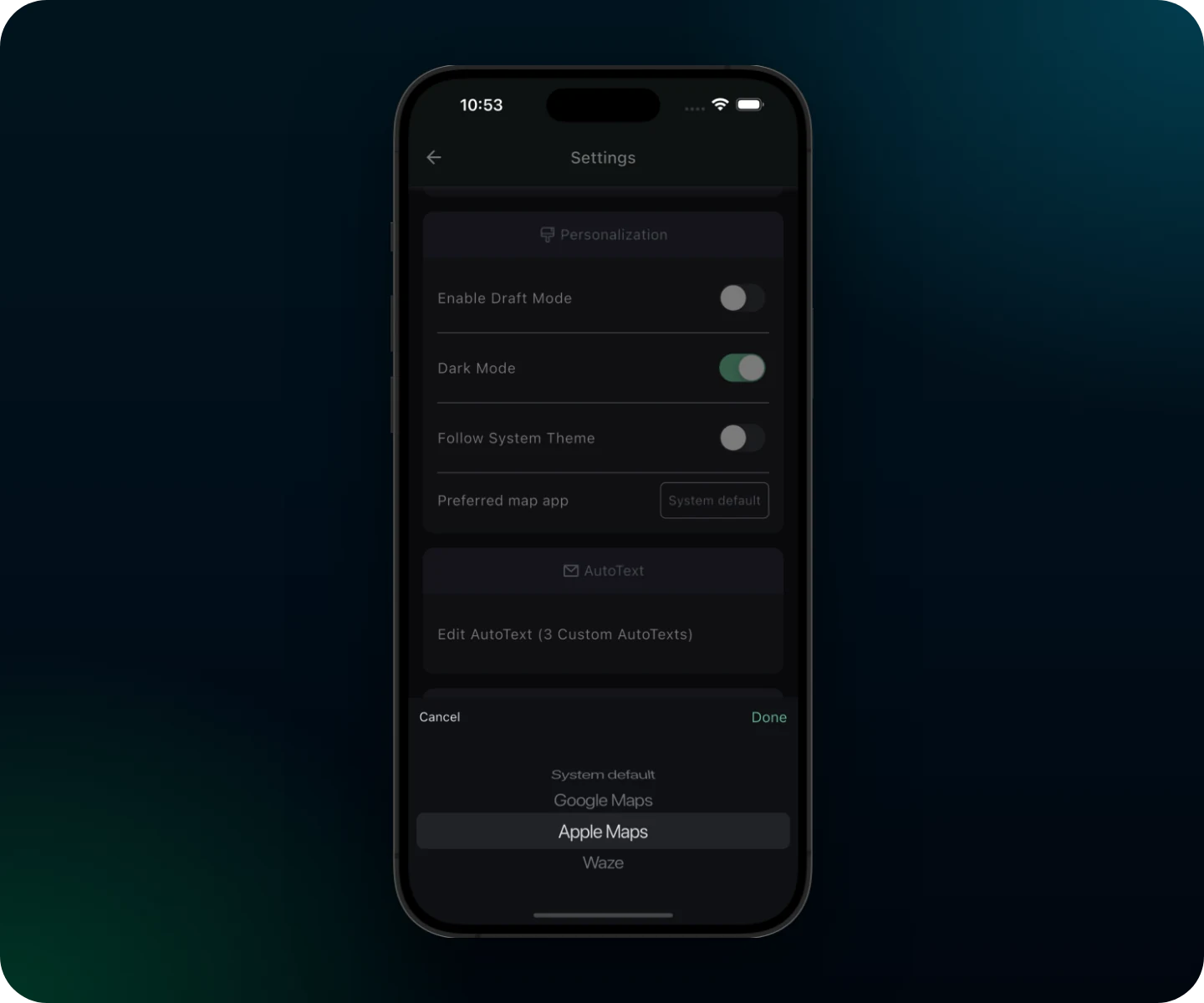 RAZE Mobile App Settings screen with the Preferred map app picker open, listing System default, Google Maps, Apple Maps and Waze