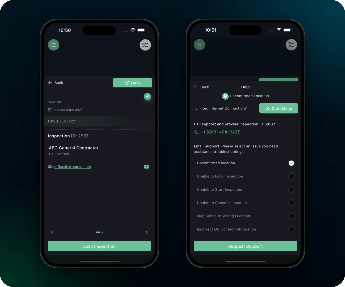 Two RAZE Mobile App screens for an Unconfirmed job: the inspection details with a Lock Inspection button, and the Help panel with Unconfirmed location selected and a Request Support button