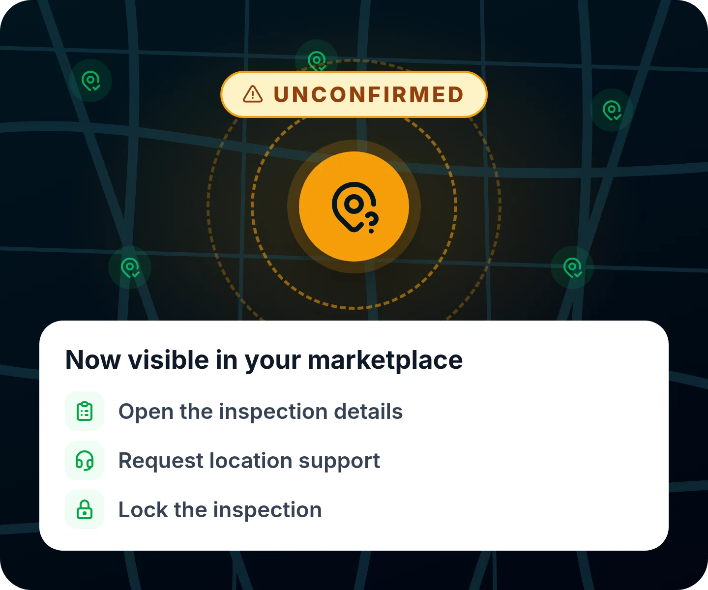 Illustration of an inspection with an Unconfirmed location badge in the RAZE marketplace