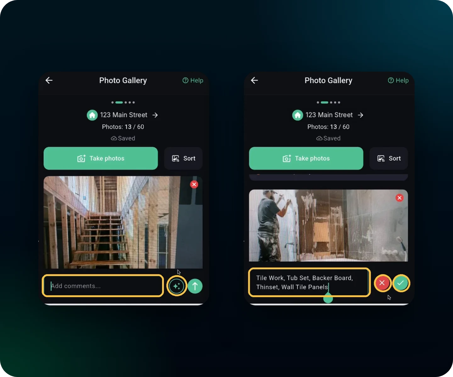 Two RAZE Mobile App Photo Gallery screens: the open comment field with the sparkle button next to the send arrow, and an AI-drafted comment for a bathroom tile photo with a red X and a green check