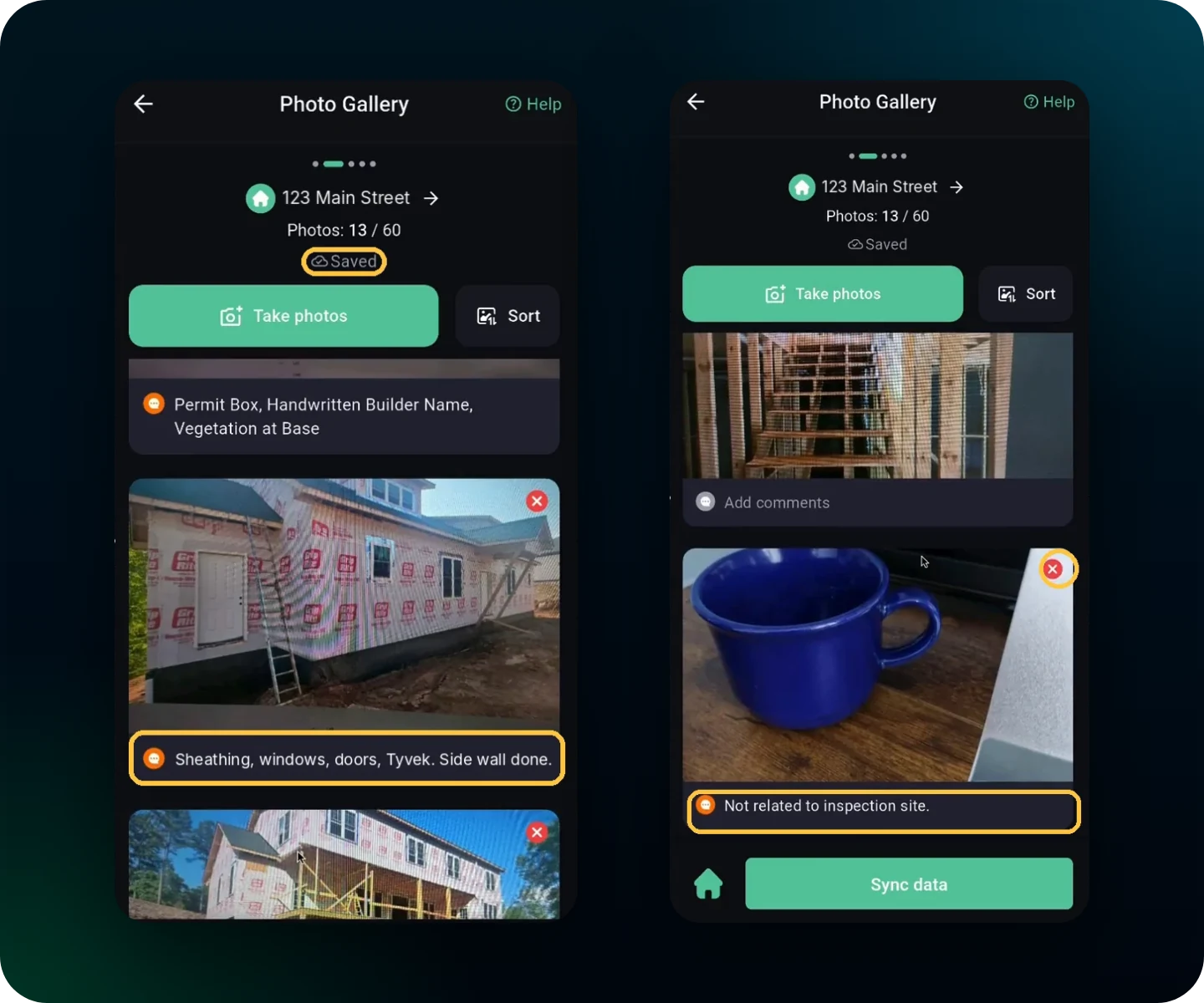 Two RAZE Mobile App Photo Gallery screens: a saved comment under a house wrap photo with the status reading Saved, and a coffee mug photo flagged Not related to inspection site