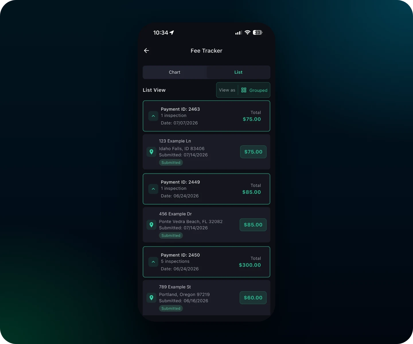 RAZE Mobile App Fee Tracker in List view, with payments grouped by Payment ID and the inspection, property and fee behind each one