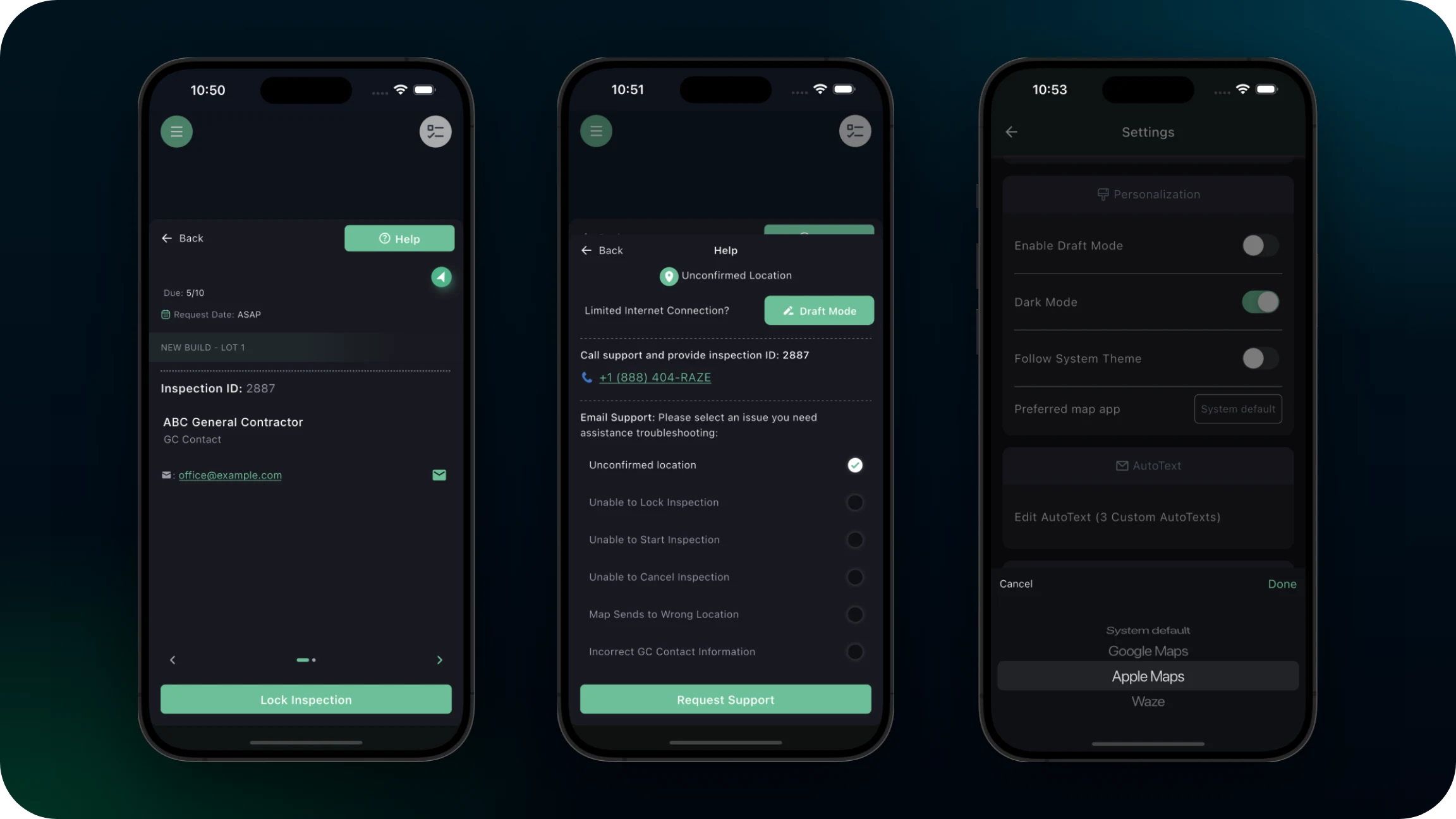 Three RAZE Mobile App screens: inspection details with a Lock Inspection button, an inspection's Help panel with Draft Mode and a call support option, and Settings with the Preferred map app picker