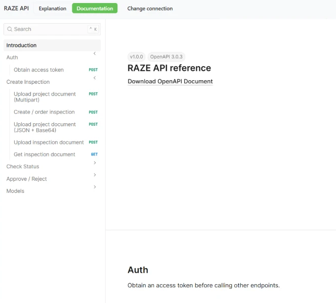 RAZE API reference in the Developer Portal, version 1.0.0 on OpenAPI 3.0.3, with endpoints grouped under Auth, Create Inspection, Check Status, and Approve / Reject
