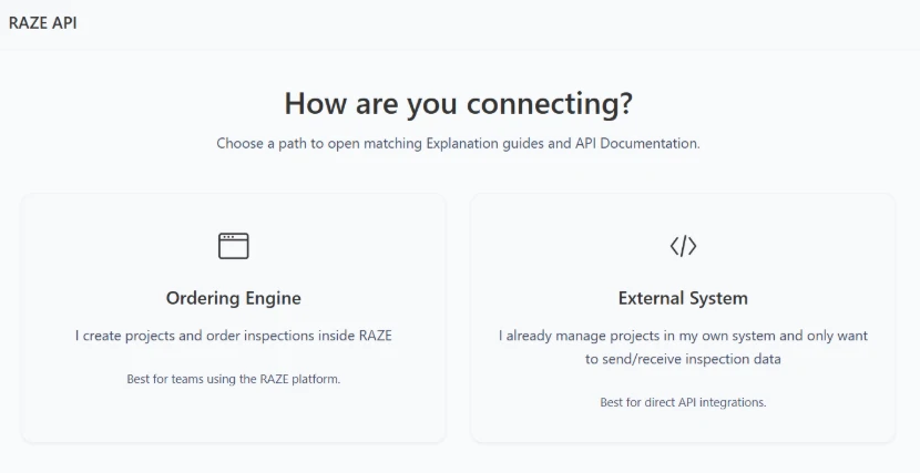 RAZE Developer Portal start screen asking how you are connecting, with two paths: Ordering Engine and External System