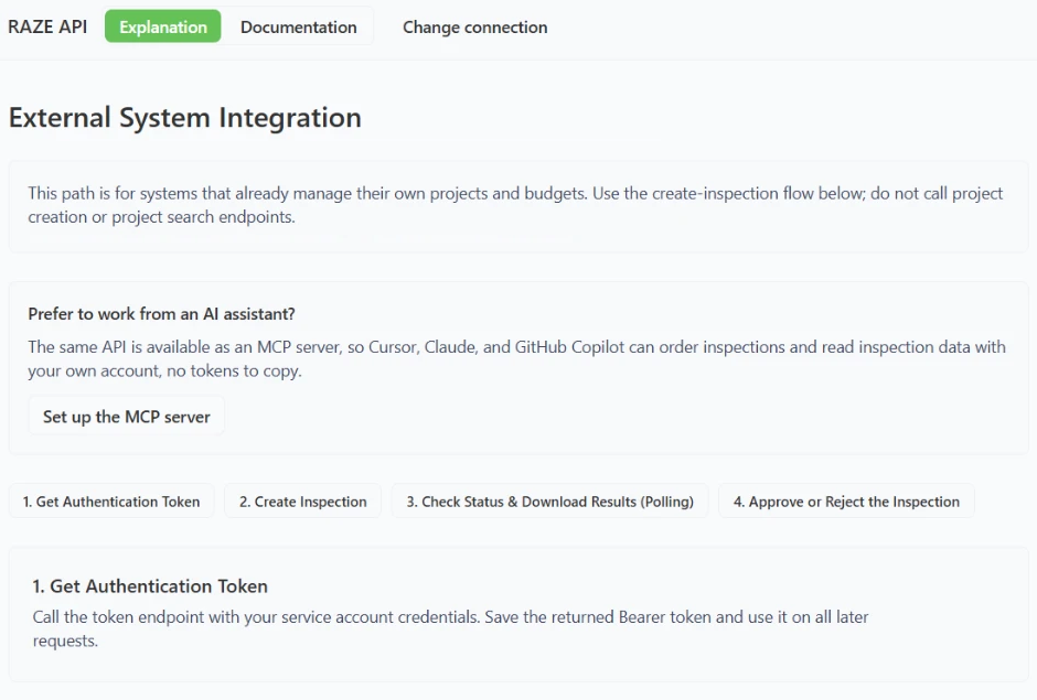 External System Integration guide in the RAZE Developer Portal, with four steps: get an authentication token, create the inspection, check status and download results, and approve or reject the inspection