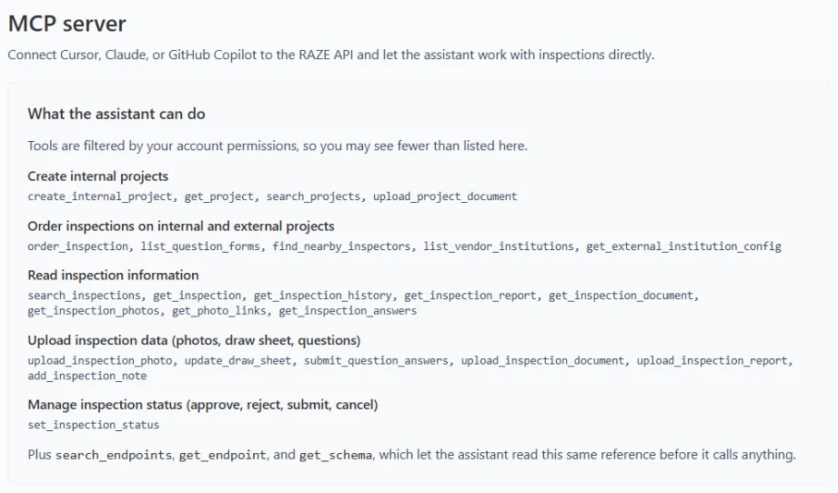 The MCP server page in the RAZE Developer Portal, listing what the assistant can do: create projects, order inspections, read inspection information, upload inspection data, and manage inspection status