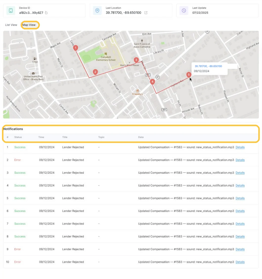 Screenshot: Map View and the Notifications log