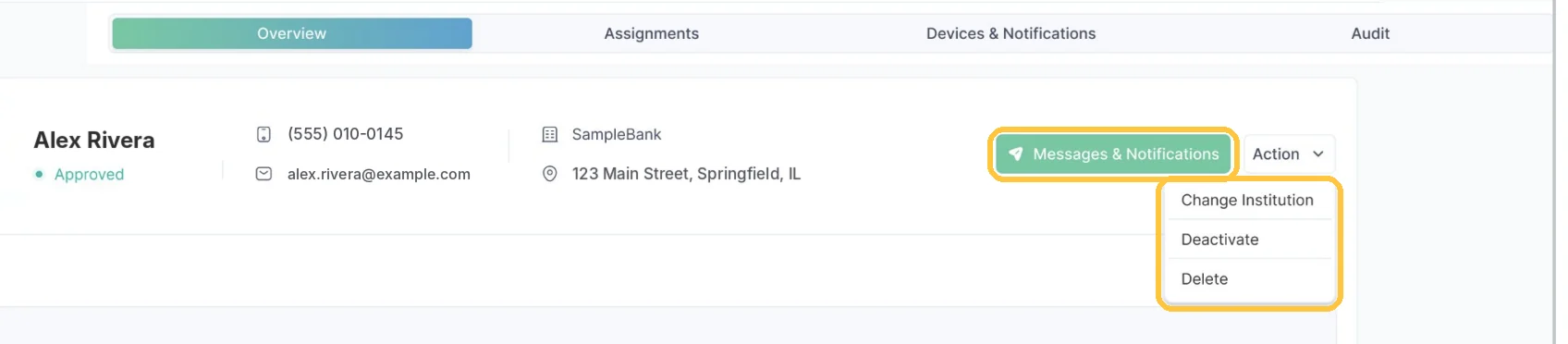 Screenshot: Overview, Action and messages