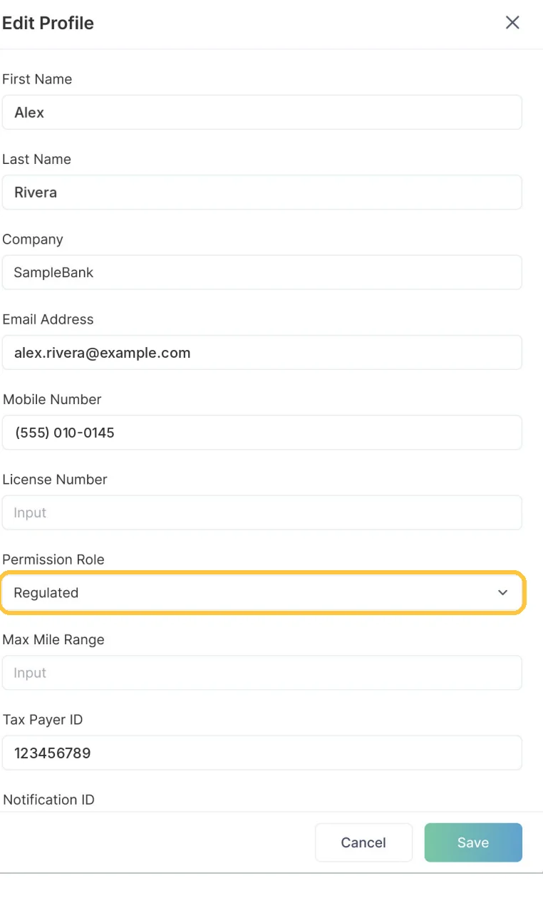 Screenshot: Permission Role and contact details