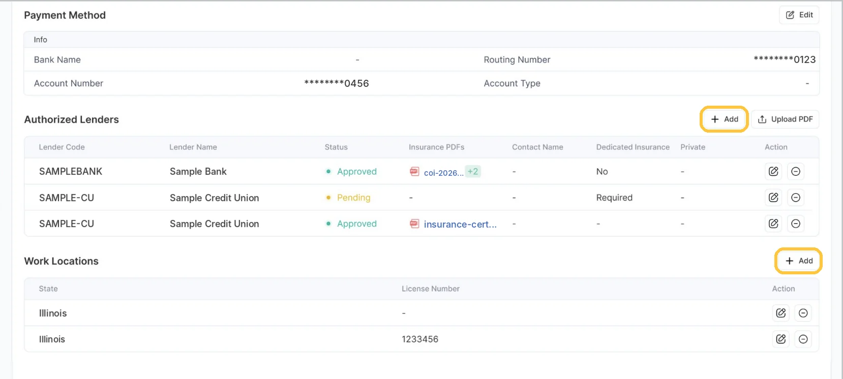 Screenshot: Lender access and licensed states
