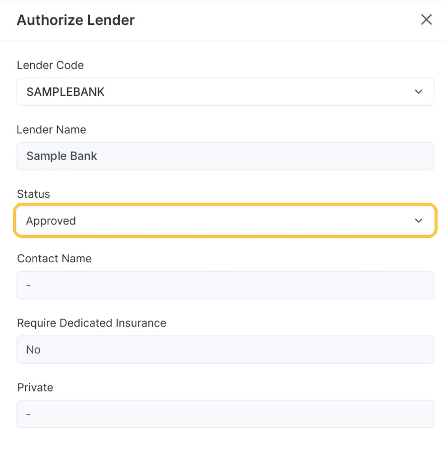 Screenshot: Authorize Lender