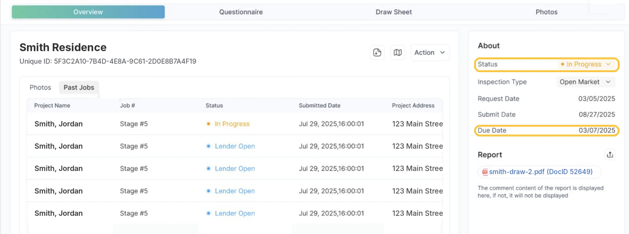 Screenshot: Four tabs for the whole inspection