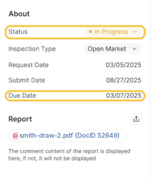Screenshot: Status, dates and the report