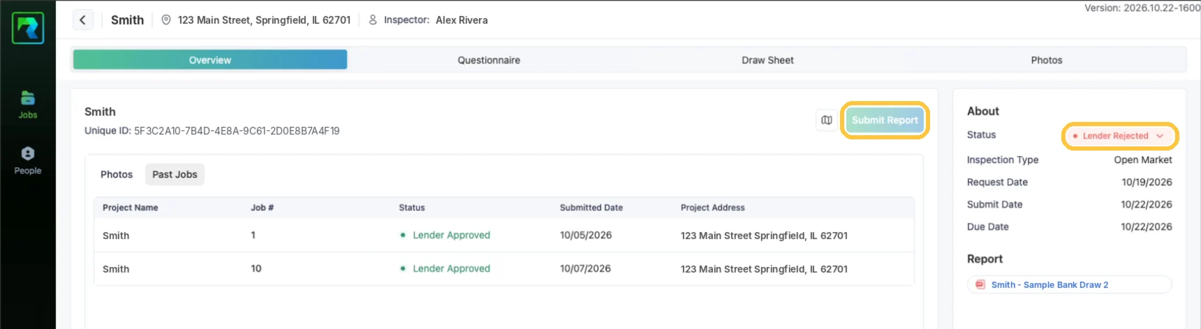 Screenshot: Lender Rejected locks the report