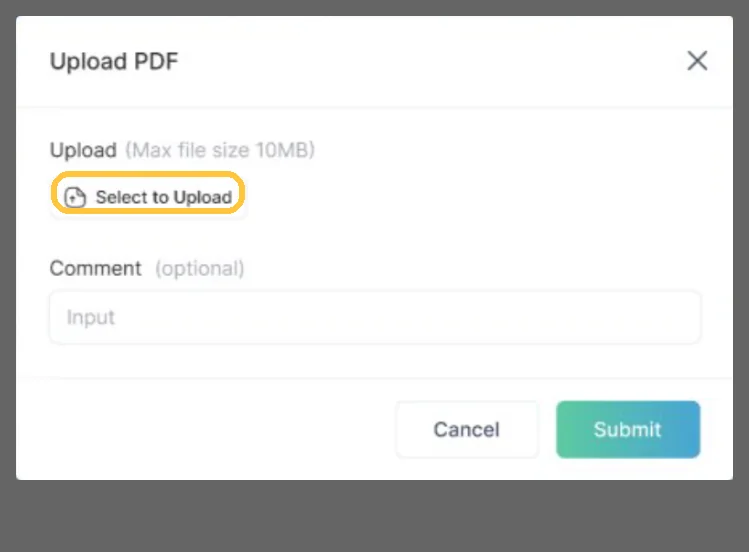 Screenshot: Open Upload PDF