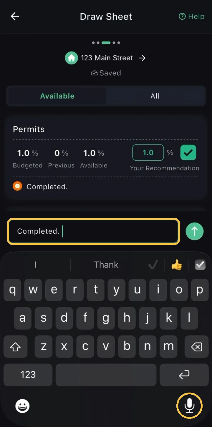 Screenshot: The note field opens above the keyboard