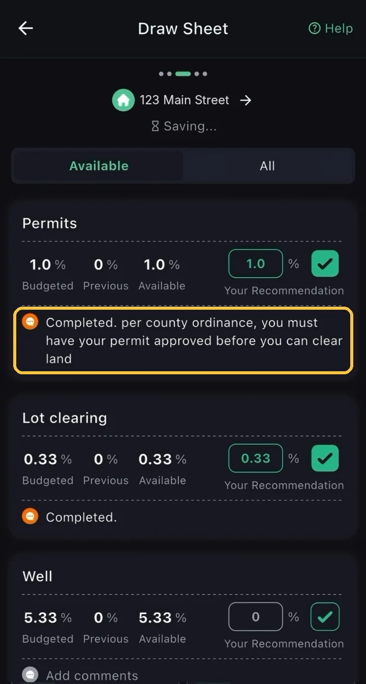 Screenshot: The note saves to the line item