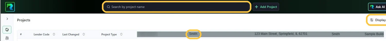 Screenshot: Search, then click the project name
