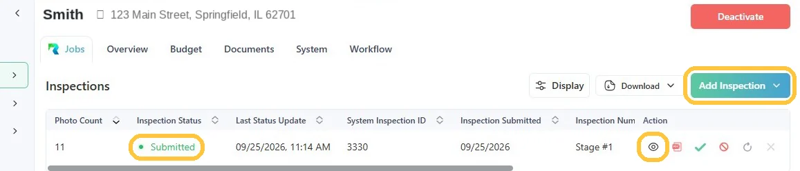 Screenshot: Click Add Inspection