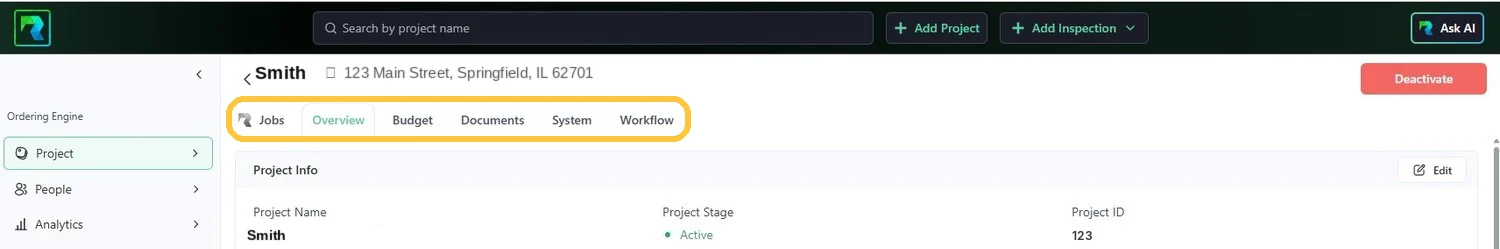 Screenshot: Jobs, Overview, Budget, Documents, System, Workflow